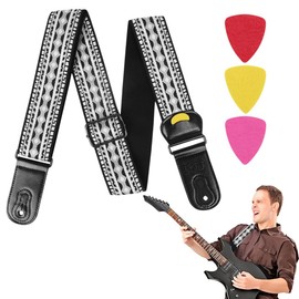 DWFEYOI Guitar Strap / Bass Strap Polyester Carry Strap for Acoustic/Electric Guitar or Bass Includes 3 Picks 5 cm Wide Length from 86 to 130 cm Adjustable, multicoloured