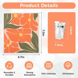 Needbrock 6 Pack Swedish Dishcloths for Kitchen,Abstract Floral Dish Towels with Clips, Reusable Paper Towels Washable Absorbent Cellulose Sponge Cloths No Odor for Cleaning Home Kitchen