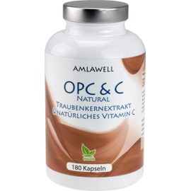 AMLAWELL OPC & C Natural – 180 Kapseln hochwertiges Traubenkernextrakt mit 80 mg natürlichem Vitamin C, vegan