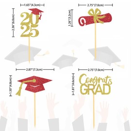 24Pcs Graduation Cupcake Toppers, Graduation Cupcake Picks for Cupcake Food Decorations - Class of 2025 Graduation Cupcake Toppers Supplies (Red & God)