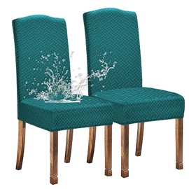 KELUINA Stretch Waterproof Jacquard with Long Grid Dining Room Chair Covers Home Decor Chair Covers for Dining Room Chairs Restaurant Hotel Ceremony (Peacock Green, Pack of 2)