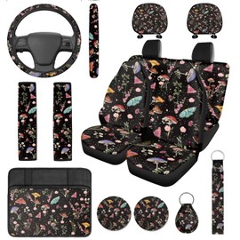DBBXHZJY 14 Pcs Mushroom Car Seat Cover Set for Women,Auto Steering Wheel Cover Armrest Cushion Protector Seat Belt Covers,Mushroom Butterfly Car Accessories Set Unverisal Fit Cars SUV Turcks