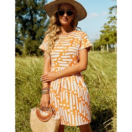 Woman's Summer Short Sleeve Casual Loose Dresses Swing Fashion Summer Beach Sundress with Pockets Pumpkin Orange XL