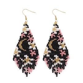 SHINUS BOHO Flower Black Beaded Long Tassel Western Native American Earrings For Women Dangling,Statement Bohemian Fringe Festive Design Summer Birthday Jewelry Gifts.