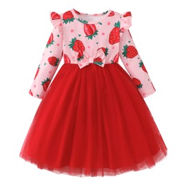 yccvoo Toddler Girls Tulle Dress, Ruffle Long Sleeve Strawberry Little Girl Princess Dresses for Fall Holiday Birthday Party Gifts 2-3T