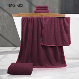 TENSTARS Microfiber Coral Velvet Luxury Silk Hemming Towel Set - Light Thin Quick Drying - 2 Bath Towels, 2 Hand Towels, 2 Washcloths - Burgundy 6 Pieces