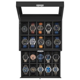 SONGMICS Watch Box, 20-Slot Watch Case Organizer with Large Glass Lid, Removable Pillows, Metal Lock, Gift for Loved Ones, Black Synthetic Leather, Black Lining UJWB020B01