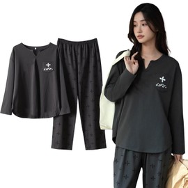 Heweayta Women's Pajamas, Long Sleeve, Thin, Loungewear, Spring, Summer, Autumn, Loungewear, No Buttons, Top and Bottom Set, Comfortable, Breathable, Loose, Black