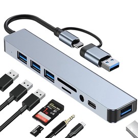 Frafuo USB C HUB-USB C Adapter 8 in 1 USB 2.0, Type C PD, USB3.0, SD/TF Card Reader, 3.5mm AUX, Docking Station Compatible with MacBook Pro/Air, Other Type C Laptops Devices, Silver