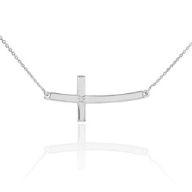 Sideways Crosses Sterling Silver Curved Sideways Cross Diamond Pendant Necklace (22 Inches)