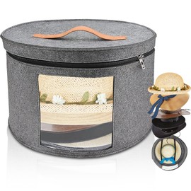 Cnwinu Round Hat Box with Lid, 43 x 26 cm - Foldable & Dustproof with Zip, Transparent Window - Moisture Protection Felt Storage Box for Hats (Dark Grey)