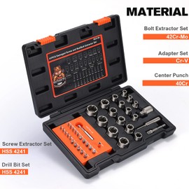 REXBETI 41-Piece Impact Bolt Extractor Screw Extractor Set and Stripped Screw Remover, Case with 16-Piece Bolt Extractor, 10-Piece HSS Drill Bit, 10-Piece Spiral Screw Extractor and 4 Piece Adapter