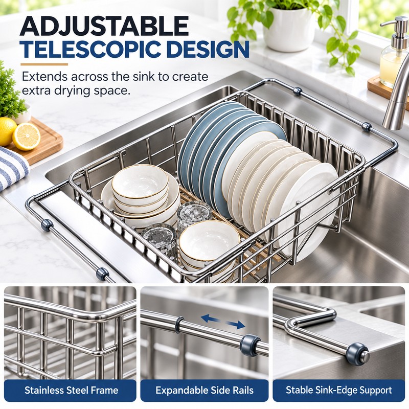 Telescopic Sink Drain Rack for Dishes – Adjustable Metal Drying