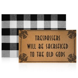 2 Pcs Funny Welcome Doormat for Outdoor Nonslip Funny Coir Doormats Trespassers will be Sacrificed to the Old Gods Doormat Door Entrance Mat 2-in-1 Buffalo Plaid Rug for Porch Party Decor, 17x 30”