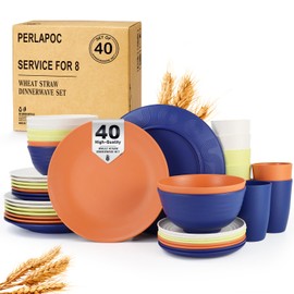 Perlapoc Wheat Straw Dinnerware Sets 40 PCS - Dishes Set for 8 Unbreakable Plates and Bowls Sets with Cups Dishwasher & Microwave Safe Lightweight Dinnerware for Kitchen Camping RV - Mondrian Colors