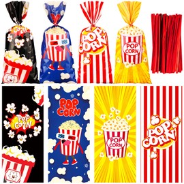 Teling 100 Pcs Popcorn Bags for Party, Popcorn Treat Bags Set, 100 Pcs Candy Bags Red White Stripe Cookie Snacks Bags with 150 Red Twist Ties for Circus Carnival Birthday Party Favor (Cute Style)