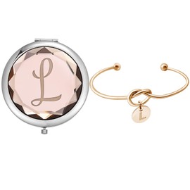 Espejos de maquillaje compactos con bolsillo de vidrio, el juego de espejos incluye 1 espejo de letra, 1 pulsera de nudo de amor para despedidas de soltera, dama de honor, regalos de boda (Champagne L)