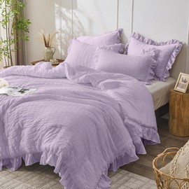 JOLLYVOGUE Lavender King Comforter Set, 3 Pieces Seersucker Comforters King Size, Lightweight & Fluffy Bedding Sets King for All Season with 1 Ruffle Comforter and 2 Ruffle Pillowshams