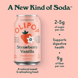 OLIPOP Prebiotic Soda Pop, Strawberry Vanilla, A New Kind of Soda Packed with Prebiotics, Fiber, and Botanicals, Gluten Free, Vegan, GMO Free, 12oz (12-Cans)