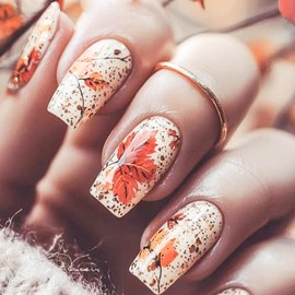 Fall Press on Nails Medium Square Fake Nails with Maple Leaf Design Glossy Full Cover White False Nails Thanksgiving Day Glue on Nail Reusable Holiday Stick on Nail for Women Manicure 24Pcs