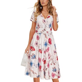 OUGES Women's 2025 Summer Dress Spring Short Sleeve V-Neck with Pockets Casual Floral Dresses Sundresses for Women (White Floral Red,S)