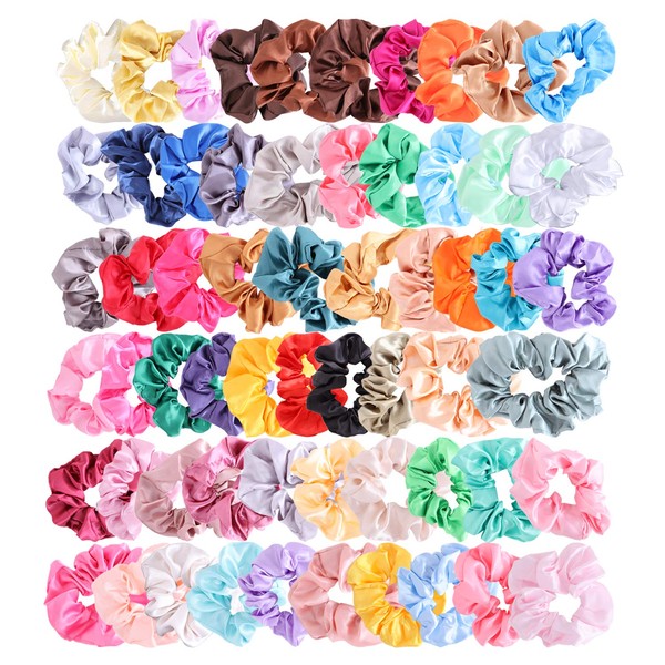 60 Pcs Satin Hair Scrunchies, Messar Colorful Silk Satin Hair Scrunchies Bobbles Elastic Hair Band Traceless Hair Ties Rope Scrunchy Ponytail Holders For Women or Girls Hair Accessories (Style 1)
