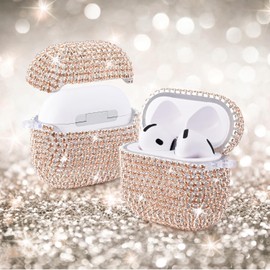 Cute Jewelry Case Compatible Airpods 4 Cases 2024 Cover Women, Hard TPU Airpod Case 4th Generation Glitter iPods 4 Case with Bling Keychain 【Champagne Gold】