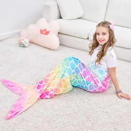 WERNNSAI Mermaid Tail Blanket - Plush Mermaid Wearable Blanket for Girls Kids 43” x 16” All Seasons Soft Flannel Fleece Snuggle Blanket Mermaid Scale Sleeping Bag (Rainbow, Little Kids)