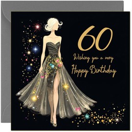 Beautiful 60th Birthday Card for Women Glitter Sparkle Dress Design Black & Gold - Pretty Birthday Card for 60 Year old Sixty Sixtieth