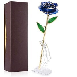Long Stem Dipped 24k Gold Rose in Gift Box with Clear Display Stand (Blue)