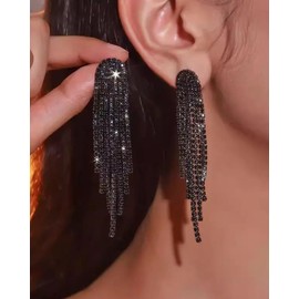 LANWLOSI Black Tassel Earrings for Women Sparkle Black Rhinestone Earrings Shining Black Chandelier Earrings Dangle Wedding Earrings for Bride Bridesmaids Party Prom Wedding Jewelry Accessories