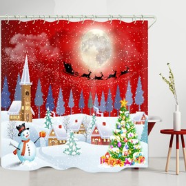 Fabric Shower Curtain with Art Christmas Village Printed for Bathroom ,Red Sky Christmas Deer Cart Wide Waterproof Toilet Curtains for Bathtub, Polyester Bath Curtain Hooks & Liners（72 x79 inches）