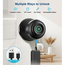 Fingerprint Door Lock, Smart Fingerprint Door Knob with Lock, Biometric Door Lock with App Control & Key, Keyless Thumbprint Entry Door Lock for Bedroom, Front Door, Home, Apartment Office-Matte Black