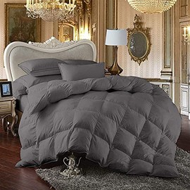 100% Egyption Cotton Comforter Goose Down and Feather Filling Comforter 500 GSM Fill Power Buffy Overfilled All Season Dark Grey-Cal-King/King Size Soft Quilted with Corner Tabs, Winter Warm Fluffy