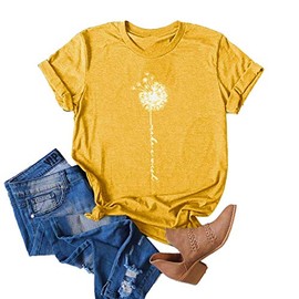 MaQiYa Womens Cute Make A Wish Dandelion Printed Tee Shirts Summer Cotton Vintage Graphic Tees Tops Yellow