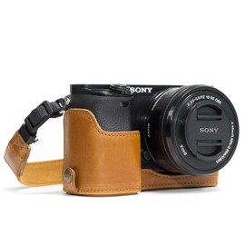 MegaGear MG962 Sony Alpha A6300, A6000 Ever Ready Leather Camera Half Case and Strap, with Battery Access, Light Brown