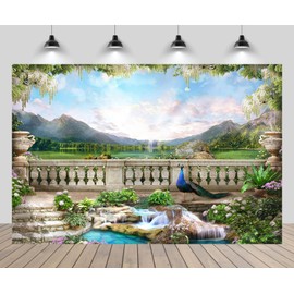 CHNYWORK 7ftx5ft Vintage Garden Backdrop Spring Balcony Flowers Retro Roman Corridor Peacock Lake Mountain Waterfall Background Europe Birthday Wedding Party Decor Photo Studio Props Wallpaper