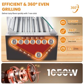 Hot Dog Roller, 7 Rollers Hotdog Roller Grill 18 Hot Dogs Capacity 1050W Stainless Sausage Grill Cooker Machine with Dual Temp Control