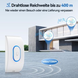 TECKNET Doorbell IP65 Wireless Bell Outdoor Waterproof 400 m Range Wireless Bell 2 Receivers 60 Melodies Bell House Door 5 Volume Levels with LED White