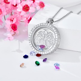 SOULMEET Round Tree of Life Floating Locket Necklace That Holds Birthstones/Pictures/Hair Locket Living DIY Floating Charm Memory Necklace for Women