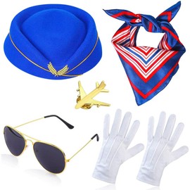 YANGSHINE Women's Flight Attendant Costume Accessories Stewardess Cosplay Outfits with Air Hostess Hat Sunglasses Scarf Gloves Pins (Blue)