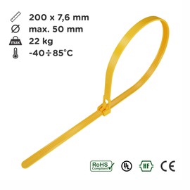 intervisio Cable Ties Resealable, 200 mm x 7.6 mm, Pack of 100, Yellow, Removable, Reusable
