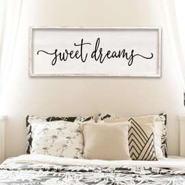 Surfapans Sweet Dreams Wall Decor Above Bed 32"x12" ofr Master Bedroom Guest Room Wood Rustic Framed Wall Art Sign (White)
