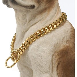 Aiyidi Strong 18K Gold Plated Dog Chain Collar Stainless Steel Width 10mm,12mm,15mm,18mm Cuban Link Choke Collar for Dog's Training,Daily Use (10mm,14'')