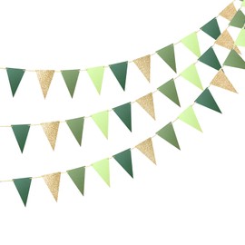 XQMMGO Pack of 3 Outdoor Bunting, 5 m Garland Bunting, Multicoloured Triangle Flags, Faux Linen Pennant for Birthday Party Wedding Decoration Indoor Outdoor (Green Gold)