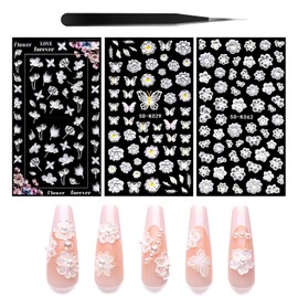 5D Flower Nail Art Stickers Decals 3 Sheets Embossed Hollow Exquisite Pegatinas Uñas 3D Self Adhesive White Lace Floral Leaf Feather Nail Accessories for Acrylic Nail Design Women Manicure Decor SET-1