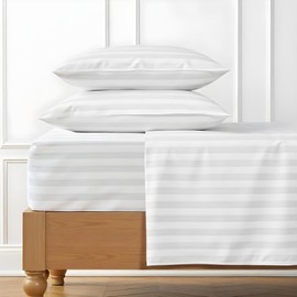 Bluemoon Homes 100% Egyptian Cotton Sheets Stripe Queen Size - 1000 Thread Count Damask Sheets Queen Size Bed Sheet Set, Long Staple Bedding Sheet, Sateen Weave, Fits Upto 18" Mattress - White