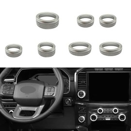 Keptrim for Ford F150 2021 2022 2023 2024 2025 Knob Air Conditioner Switch & Trailer & 4WD & VOL & Headlight Button Ring Trim, Silver Aluminum, 7pcs