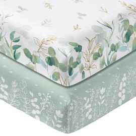 Horaldaily 2 Pack Fitted Crib Sheet for Boys Girls, Fits Standard Size Crib Mattress 28in x 52in, Soft Breathable Washable Jersey Microfiber Baby Crib Sheet, Eucalyptus Nursery Sheet Sage Green/White