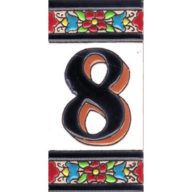TORO DEL ORO House Numbers - Numbers & Letters on Enamel Ceramic Tile - Hand Painted Technical Dry Rope - Names & Address - Medium Flower Design 5.5 x 10.5 cm (Number Eight"8")